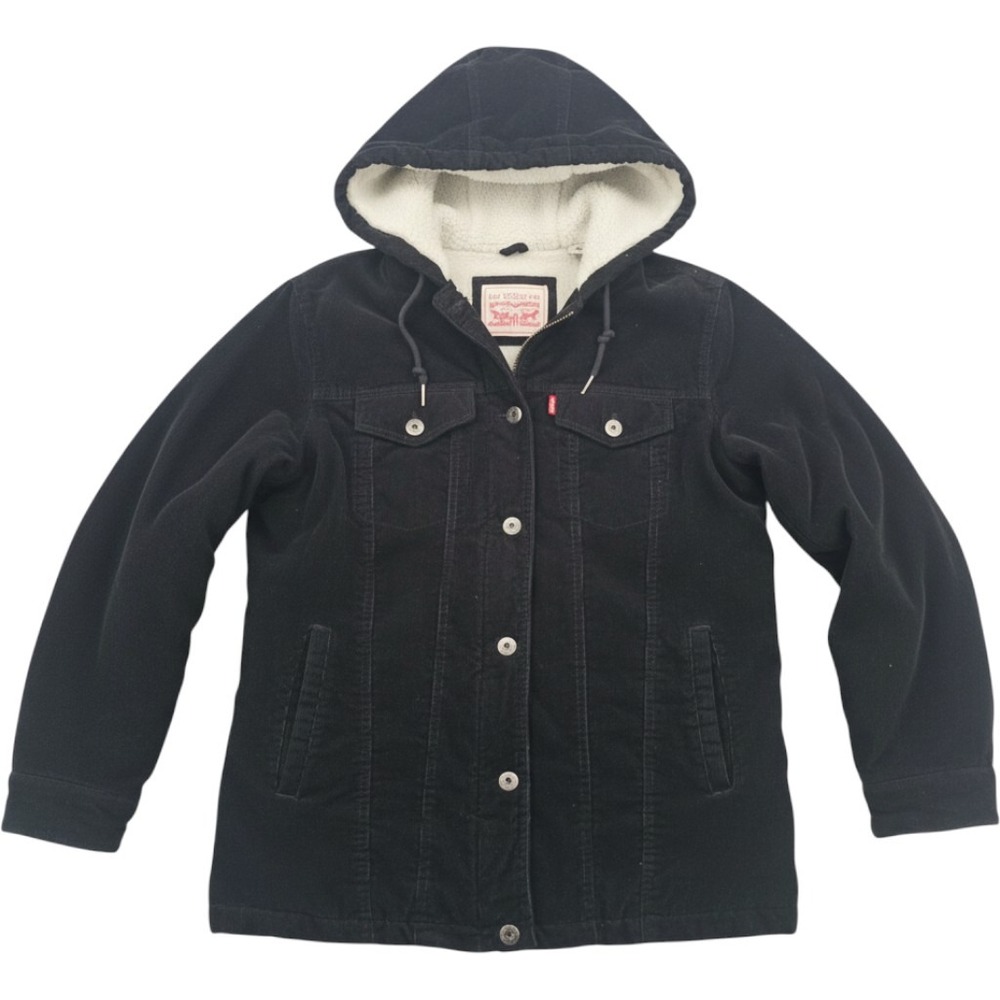 Levis Womens Black Corduroy Sherpa Lined Hooded Trucker Jacket Small RN54163